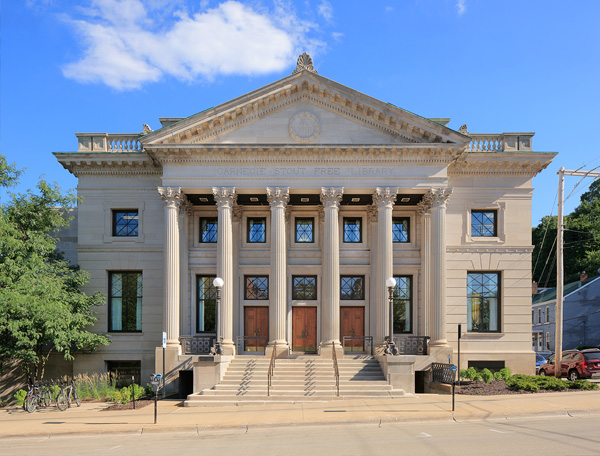 An exterior of the Carnegie-Stout Library for the Carnegie-Stout Blog page