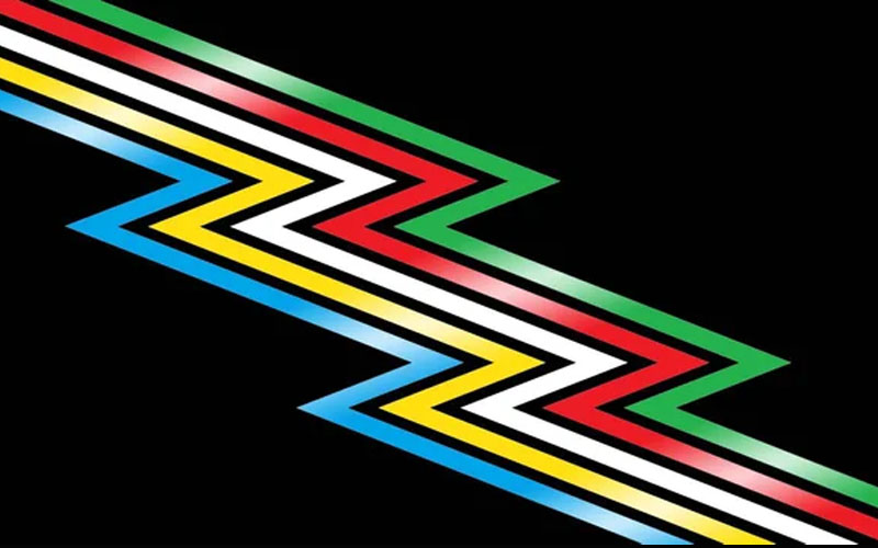 Disability Pride Month Flag. Blue, yellow, white, red, and green lines in a zig-zag across a black background.