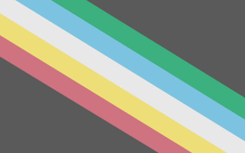 Disability Pride Flag. Green, blue, white, yellow, and red diagonal stripes on a muted black background.