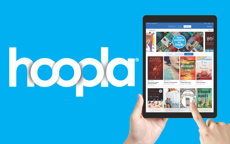 hoopla logo in white on blue background and image of hands holding mobile device showing hoopla interface.