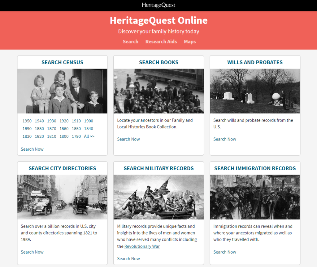 Screenshot of HeritageQuest search page.