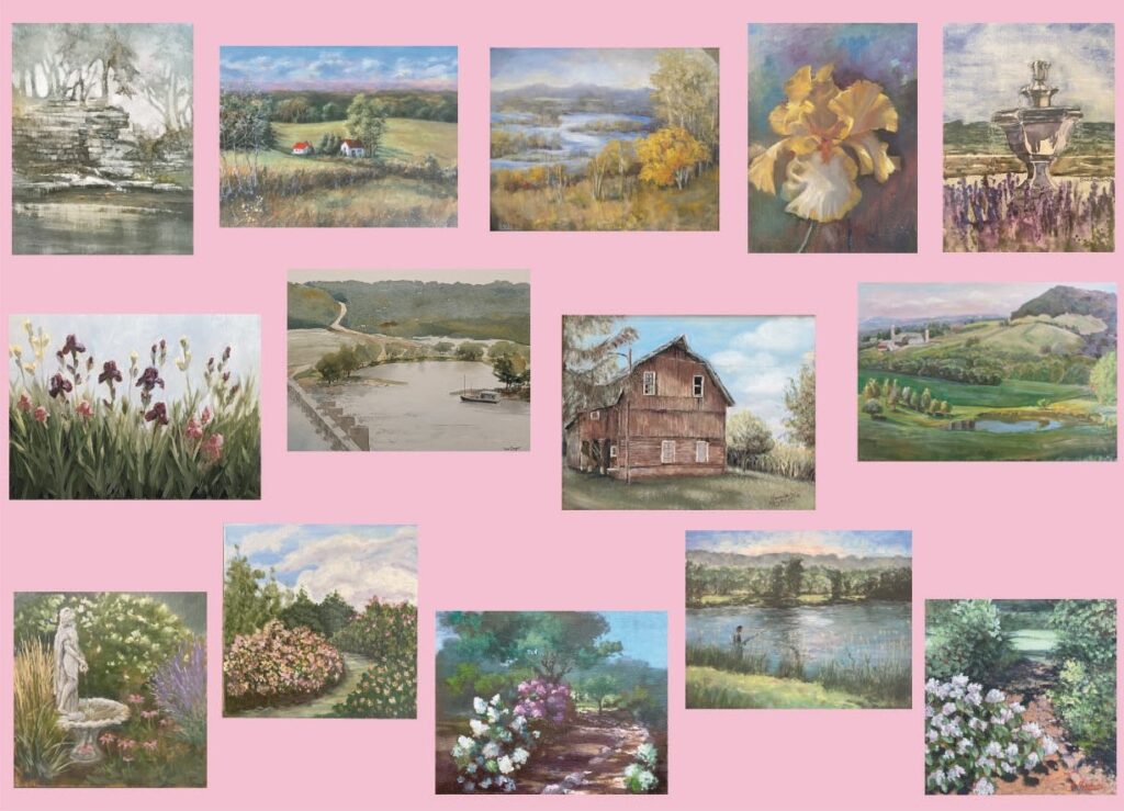 Various images of landscape plein air paintings that are part of the Art at Your Library show.
