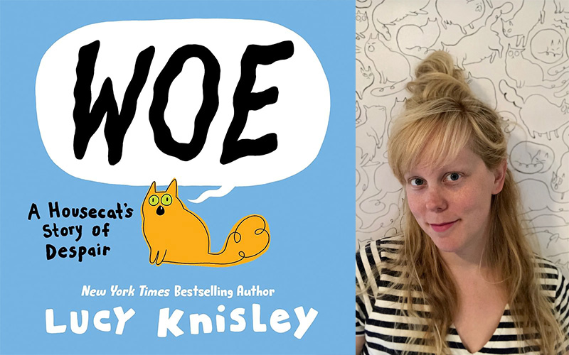 Book cover of "Woe: A Housecat's Story of Despair" and photo of author Lucy Knisley.