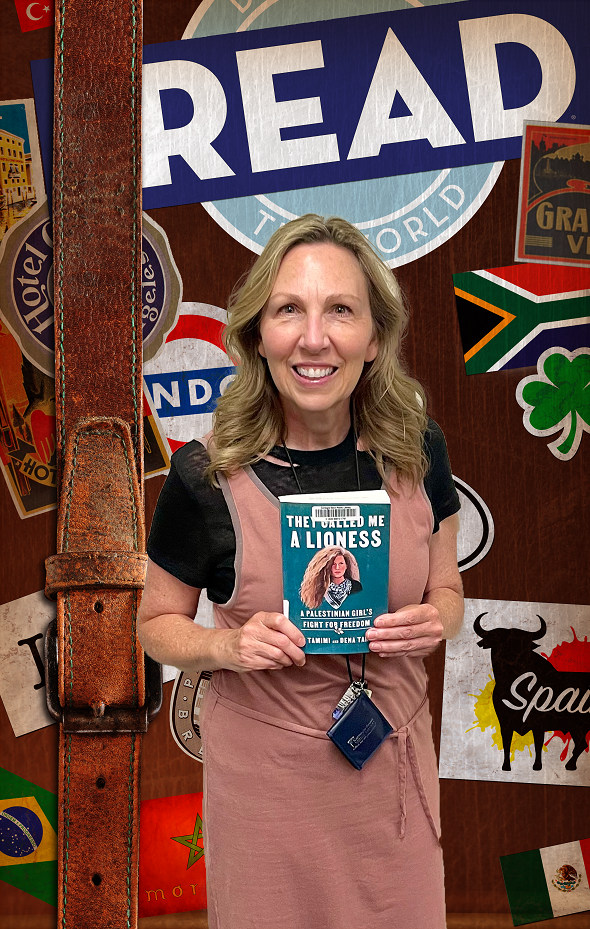 C-SPL July 2024 Reader of the Month Lora LoBianco holding a book set against a background of an enlarged vintage suitcase with stickers from around the world.