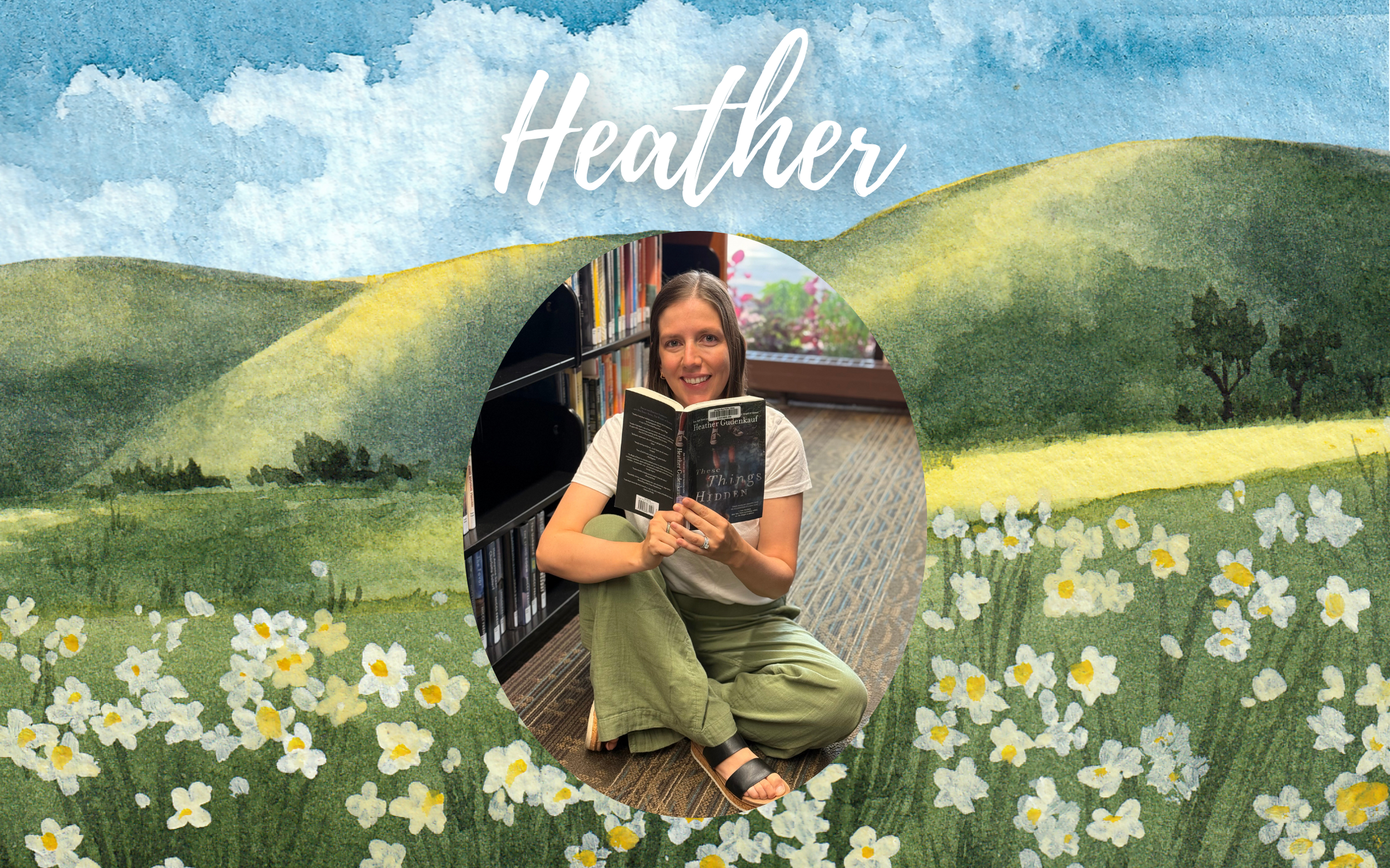 A photo of a woman sitting on the floor with a book sits atop a painting of a field with flowers.