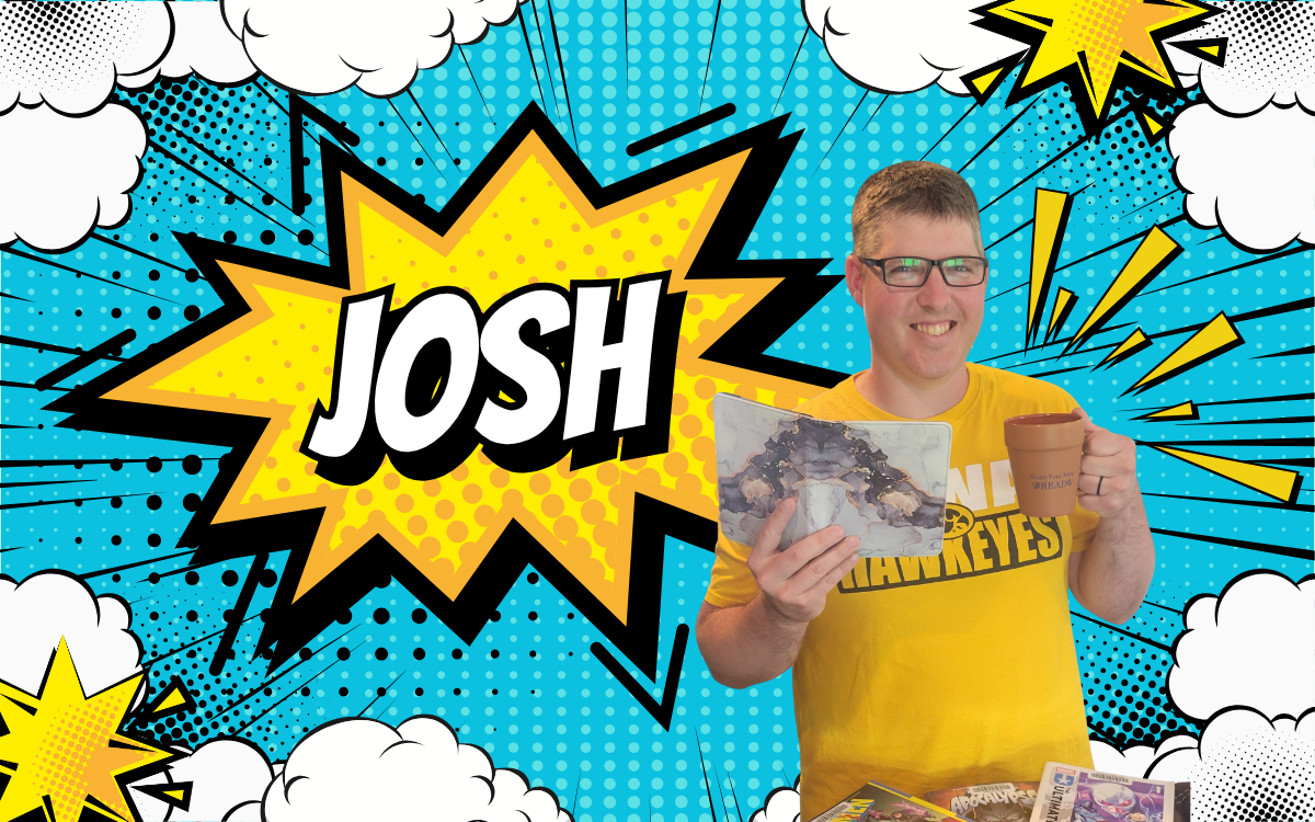 A man in a yellow shirt holds a book and a mug. There is a graphic novel style background with JOSH in white letters.
