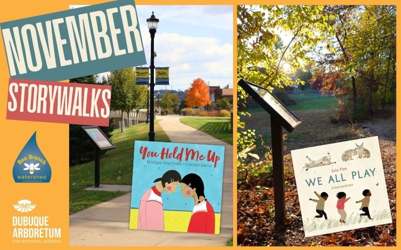 Text saying "November Storywalks" is in front of an orange background. On the left, a photo of a storyboard is along a paved path. On the right, a storyboard is on a wooded path.
