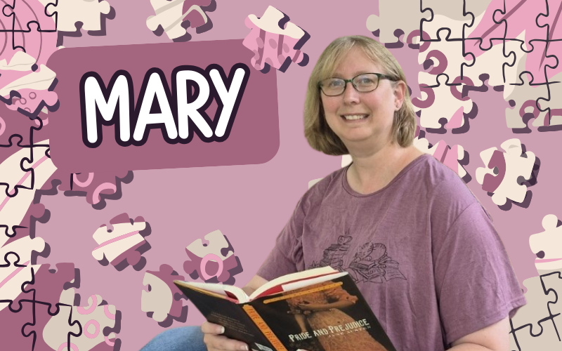 A woman wearing a purple shirt and holding open a book is in front of a purple background with puzzle pieces.