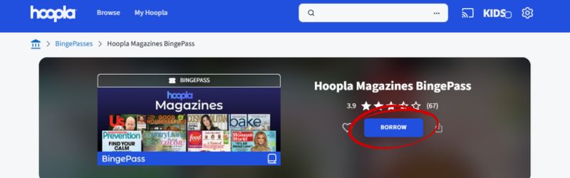 A gray background has an image of the Hoopla Magazines tab, with magazine covers. A blue button that says "borrow" is circled in red. 