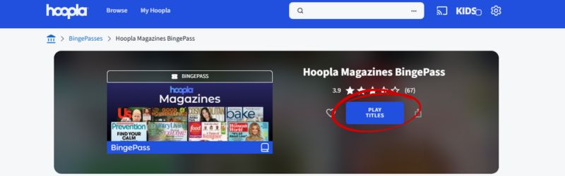 The hoopla magazine image is on a gray background. A blue button that says "play titles" is circled in red.
