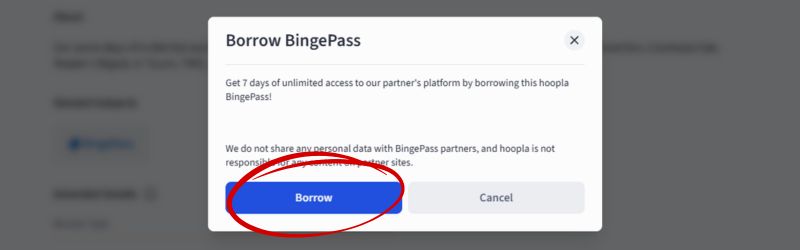 A white box confirming a borrow is shown. The button " borrow" is circled in red. 