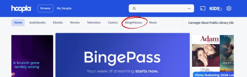 The homepage for Hoopla digital shows the word "BingePass" circled in red. 