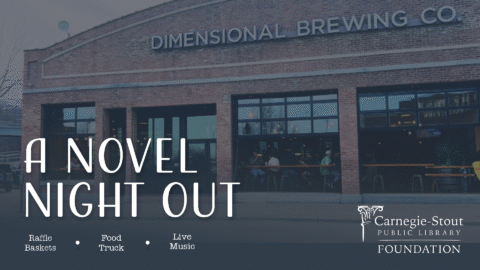 A photo of a brick building is in the background. The words " A Novel Night Out" are in white.