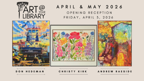 A postcard shows a painting of a tug boat, watercolor flowers and a colorful abstract painting.