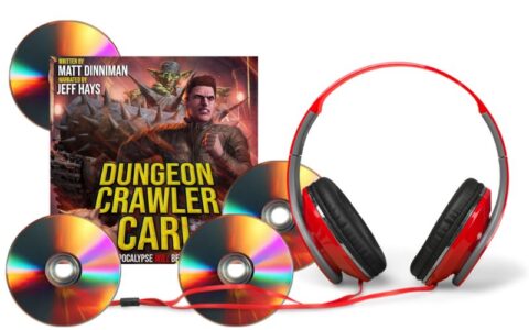 Red headphones with CDs for the audiobook Dungeon Crawler Carl