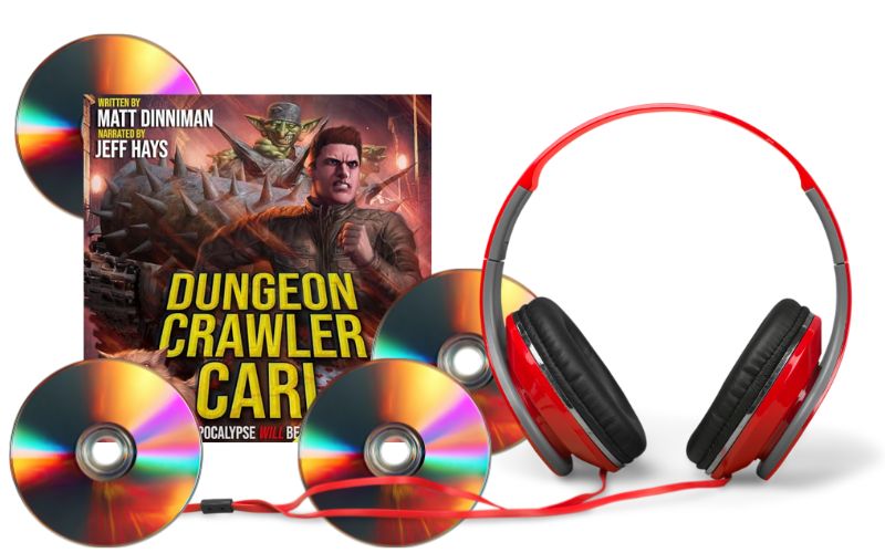 Red headphones with CDs for the audiobook Dungeon Crawler Carl