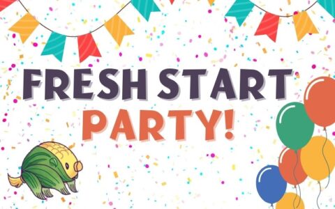A corn-pig is with balloons and confetti. Text says "Fresh Start Party!"