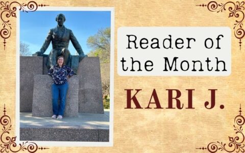 A woman standing in front of a bronze statue. The text reads "Reader of the Month Kari J."