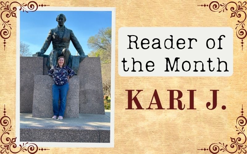 A woman standing in front of a bronze statue. The text reads "Reader of the Month Kari J."