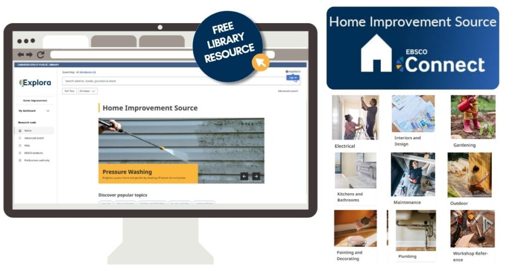 A computer shows a webpage for Home Improvement Source. A menu of images is on the right.