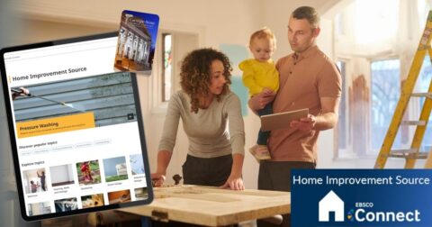 A family stands looking at a tablet in front of a table. A webpage for Home Improvement Source is shown.