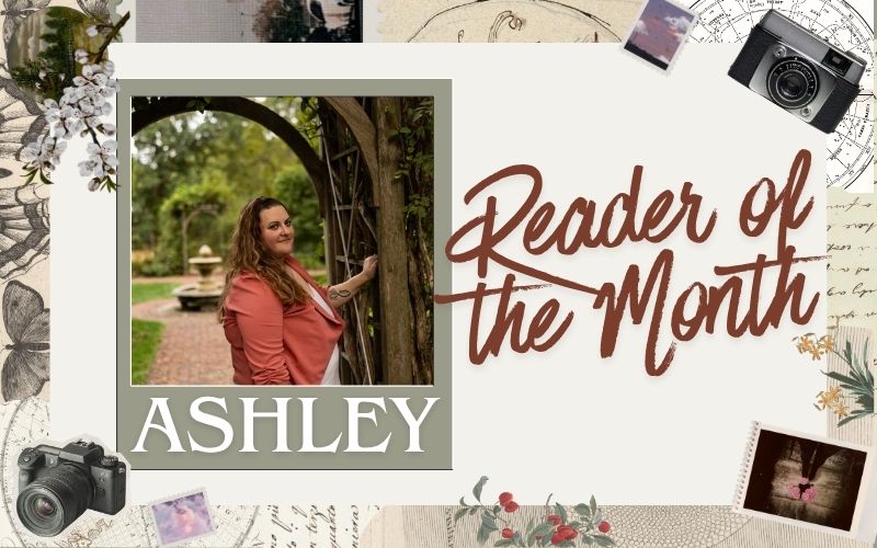 A photo of a woman in a garden, with scrapbook images of cameras and film around. The text says "Ashely" and "Reader of the Month"